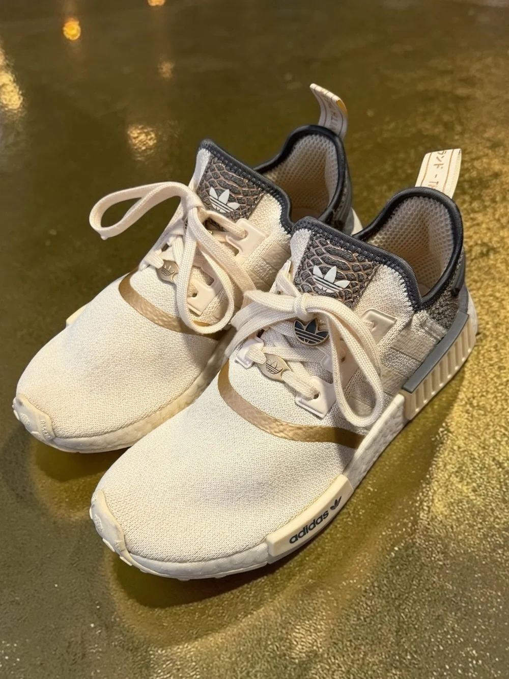 adidas NMD R1 Wonder White/Snakeskin and Gold Sneakers